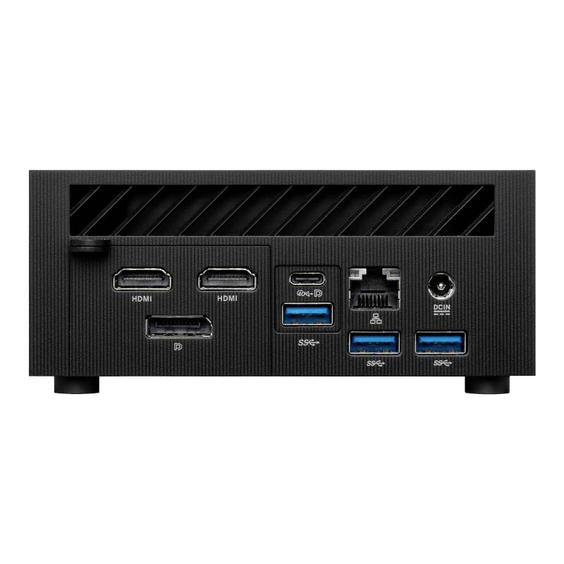 Zadní strana mini počítače s různými konektory: HDMI, DisplayPort, USB, Ethernet, USB-C a DC vstup pro napájení.
