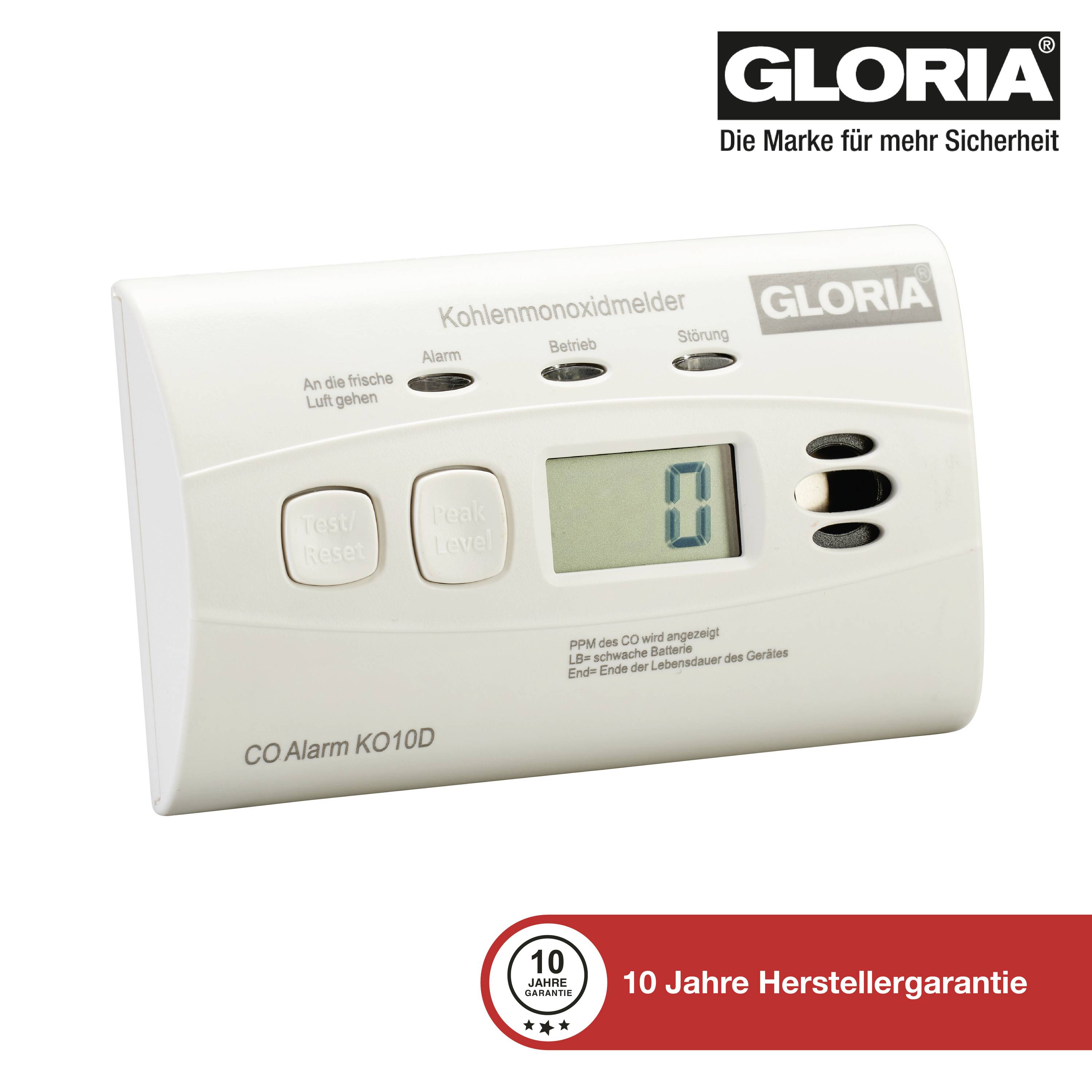 Detektor oxidu uhelnatého GLORIA namontovaný na stěně, digitální displej na 0, s provozními stavovými LED diodami a 10letou zárukou výrobce.