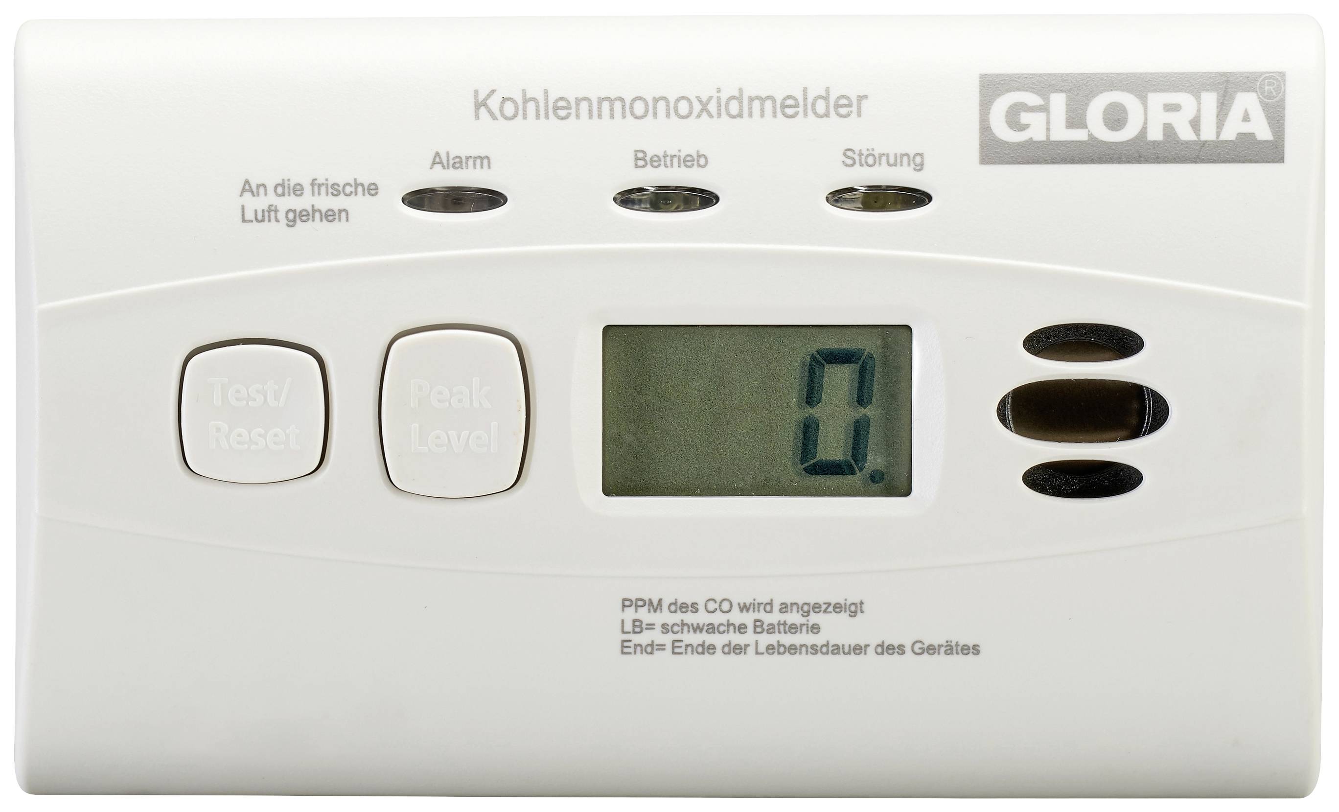 Detektor oxidu uhelnatého s displejem zobrazuje '0'. Tlačítka pro test, alarm, provoz, baterii, poruchu. Upozornění: 'Jděte na čerstvý vzduch'.
