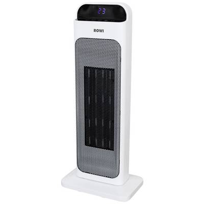 Bílý vzpřímený elektrický topný ventilátor s digitálním displejem zobrazujícím číslo 23. Nad ventilátorem je umístěno logo 'ROWI'.