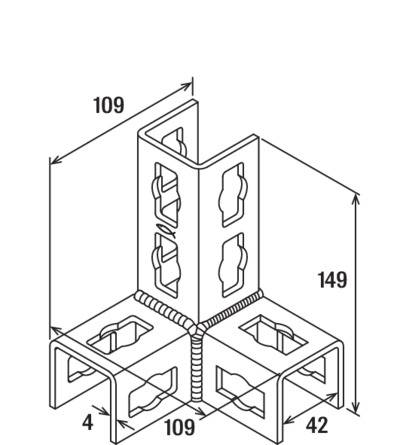Obrázek ukazuje technický výkres kovového spojovacího dílu ve tvaru L s rozměry: 109x149 mm pro vertikální část, 109x42 mm pro horizontální části.