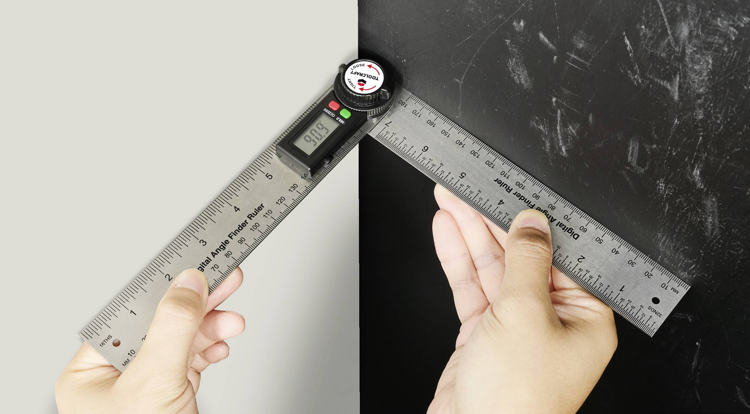 Osoba drží digitální úhloměr, který měří pravý úhel 90,5 stupně v jednom vnitřním rohu.