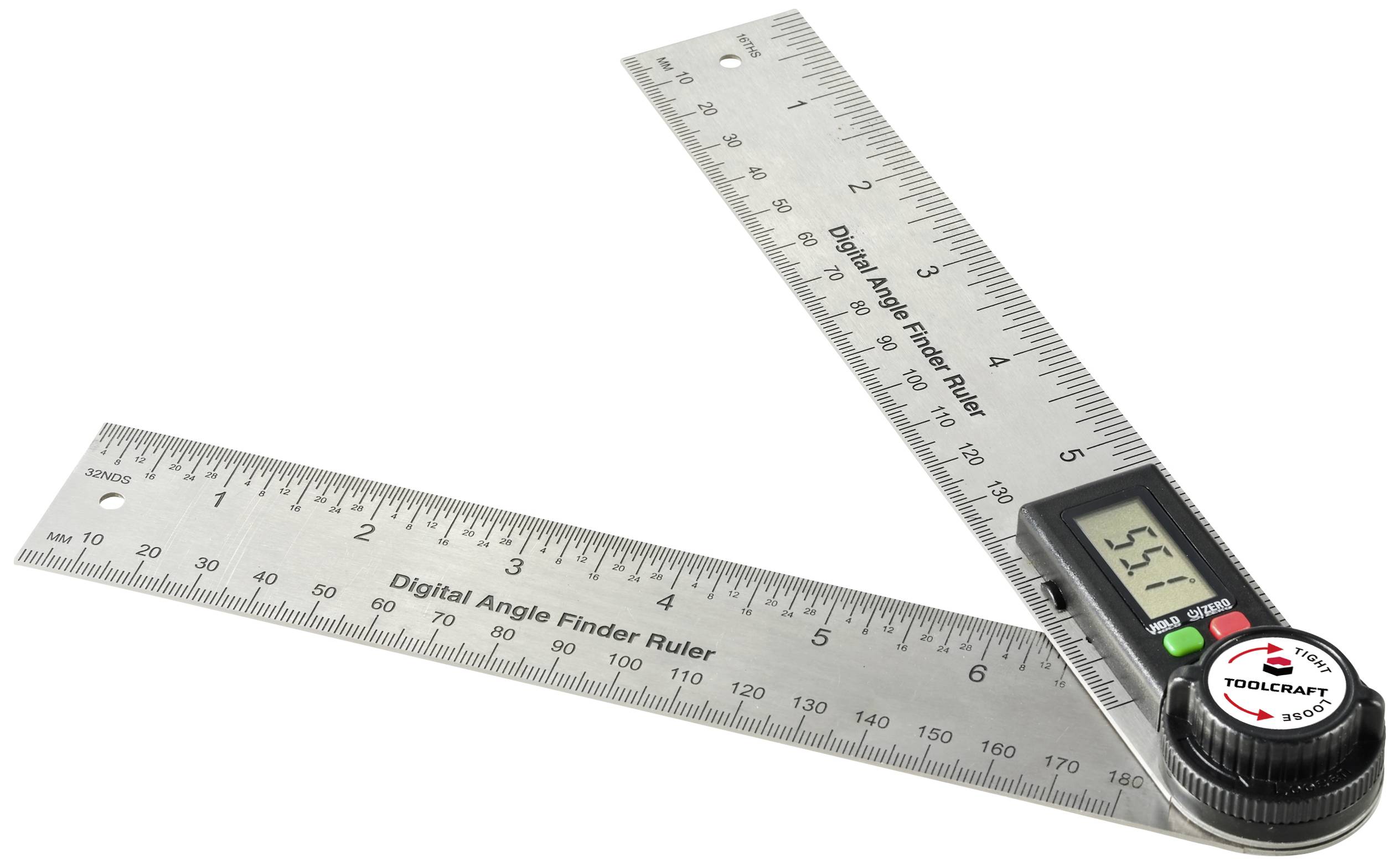Dva kovové úhloměry s jasnými stupnicemi v palcích a centimetrech, digitálním displejem a nastavovacím kolečkem.