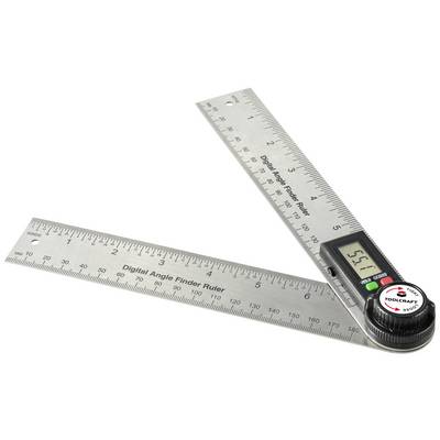 Dva kovové úhloměry s jasnými stupnicemi v palcích a centimetrech, digitálním displejem a nastavovacím kolečkem.