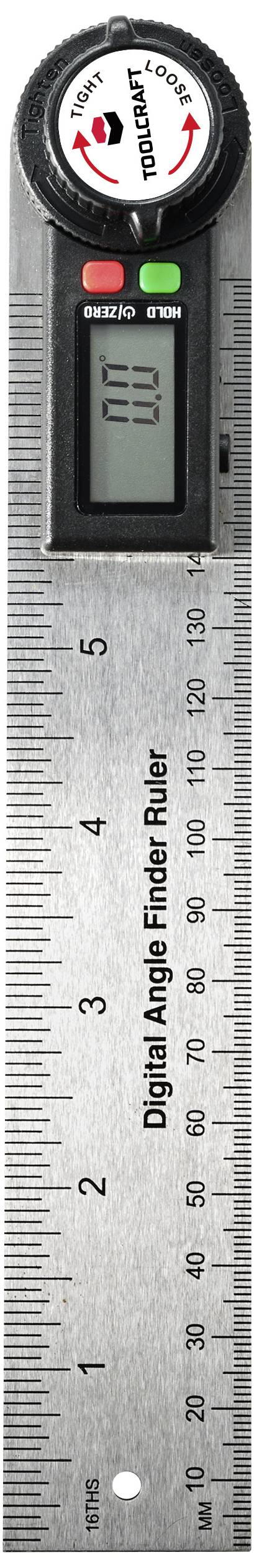 Digitální úhloměr na pravítku, zobrazuje hodnotu 0,0 stupně. Stupnice dole od 0 do 150 mm.