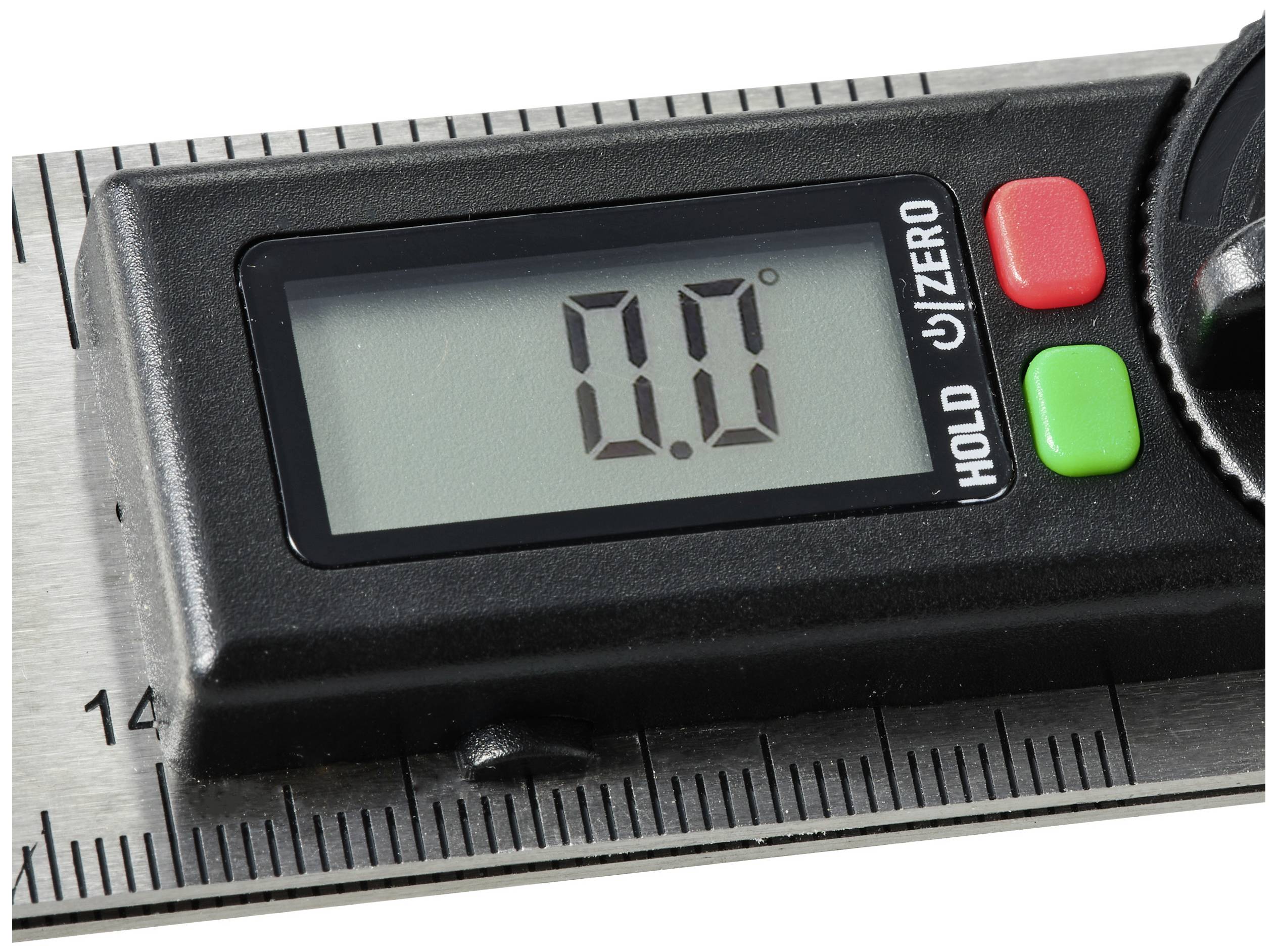 Digitální úhloměr s displejem ukazuje '0.0' stupňů, upevněný na pravítku. Přepínací tlačítka pro 'Hold' a 'Zero'.
