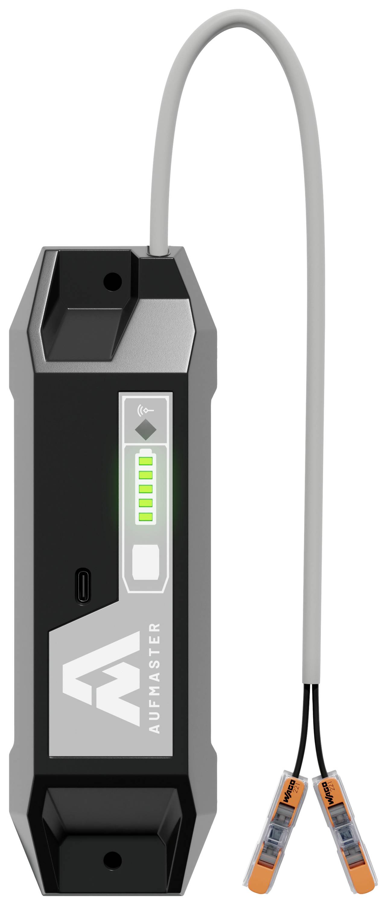 Černá nabíječka s kabelem a dvěma oranžovými konektory signalizuje, že nabíjení je dokončeno.