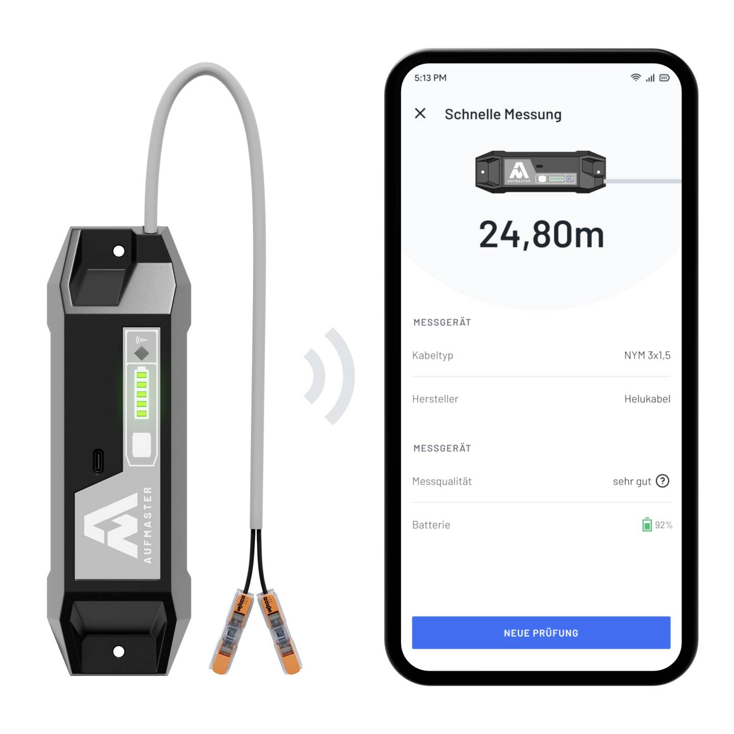 Ruční měřicí přístroj zobrazuje vzdálenost 24,80 m na displeji smartphonu. Informace o zařízení: Kabelový typ NYM 3x1,5, výrobce Helukabel. Baterie 92%.