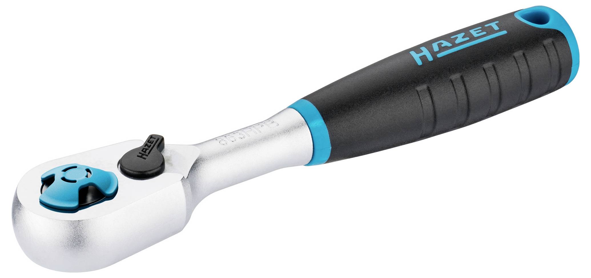 Obrázek ráčny Hazet s černou a modrou rukojetí, navržené pro utahování nebo povolování šroubů, zobrazující ergonomický úchop.
