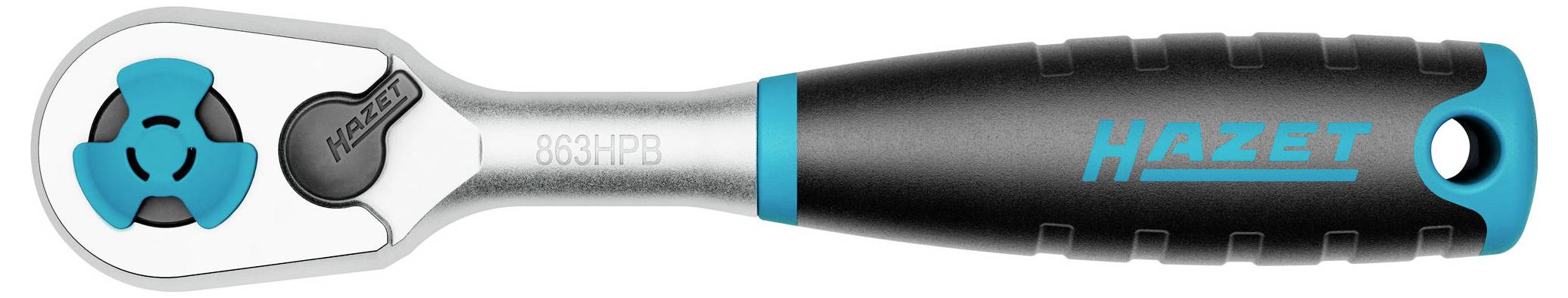 Hazet reverzní ráčna s černou a modrou rukojetí a kulatou, nastavitelnou hlavou.