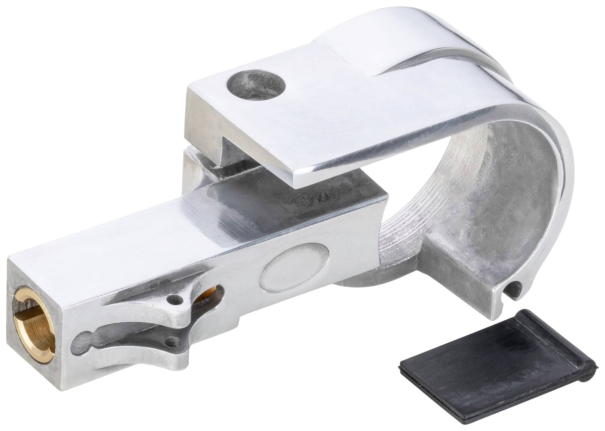 Kovová úchytka nebo svorka s obdélníkovou základnou a kulatým prvkem pro upevnění. Vedle leží malý plochý obdélníkový vložek.
