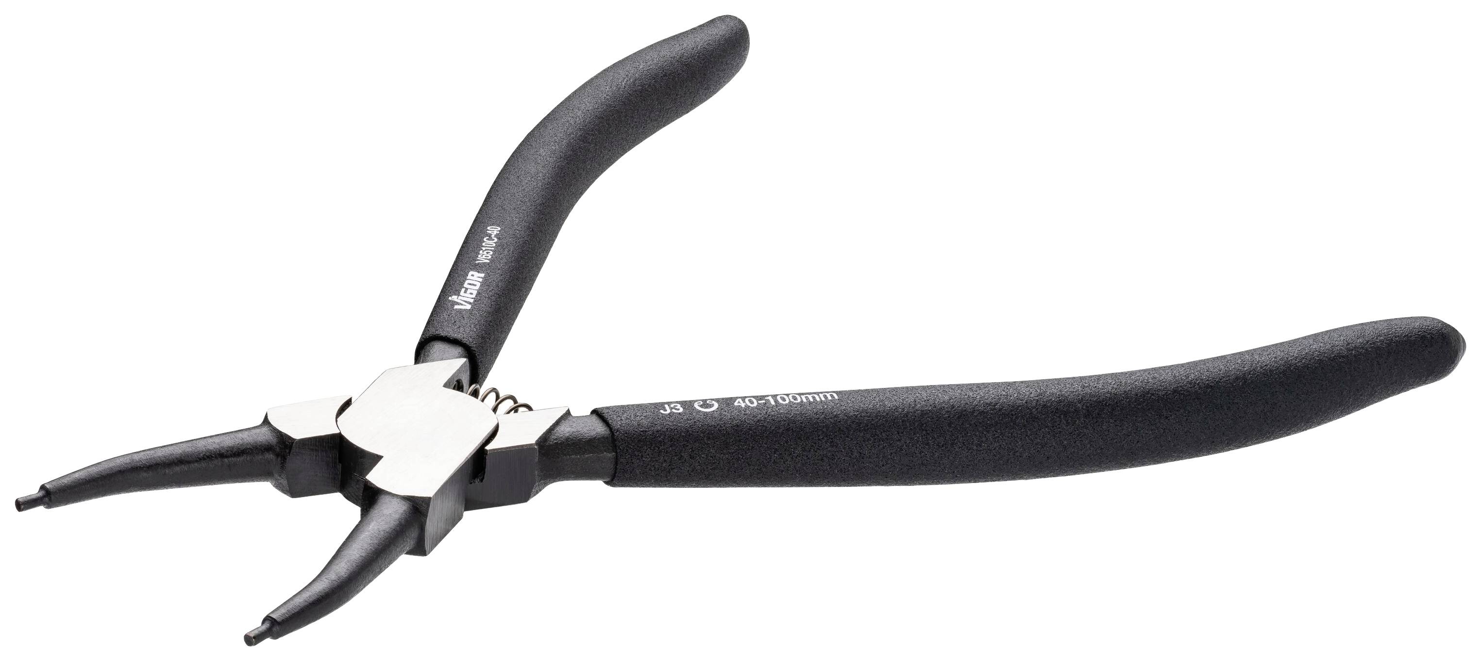 Černé kleště s zahnutými hroty, vhodné prouchopení nebo řezání. Nástroj má ergonomické rukojeti.