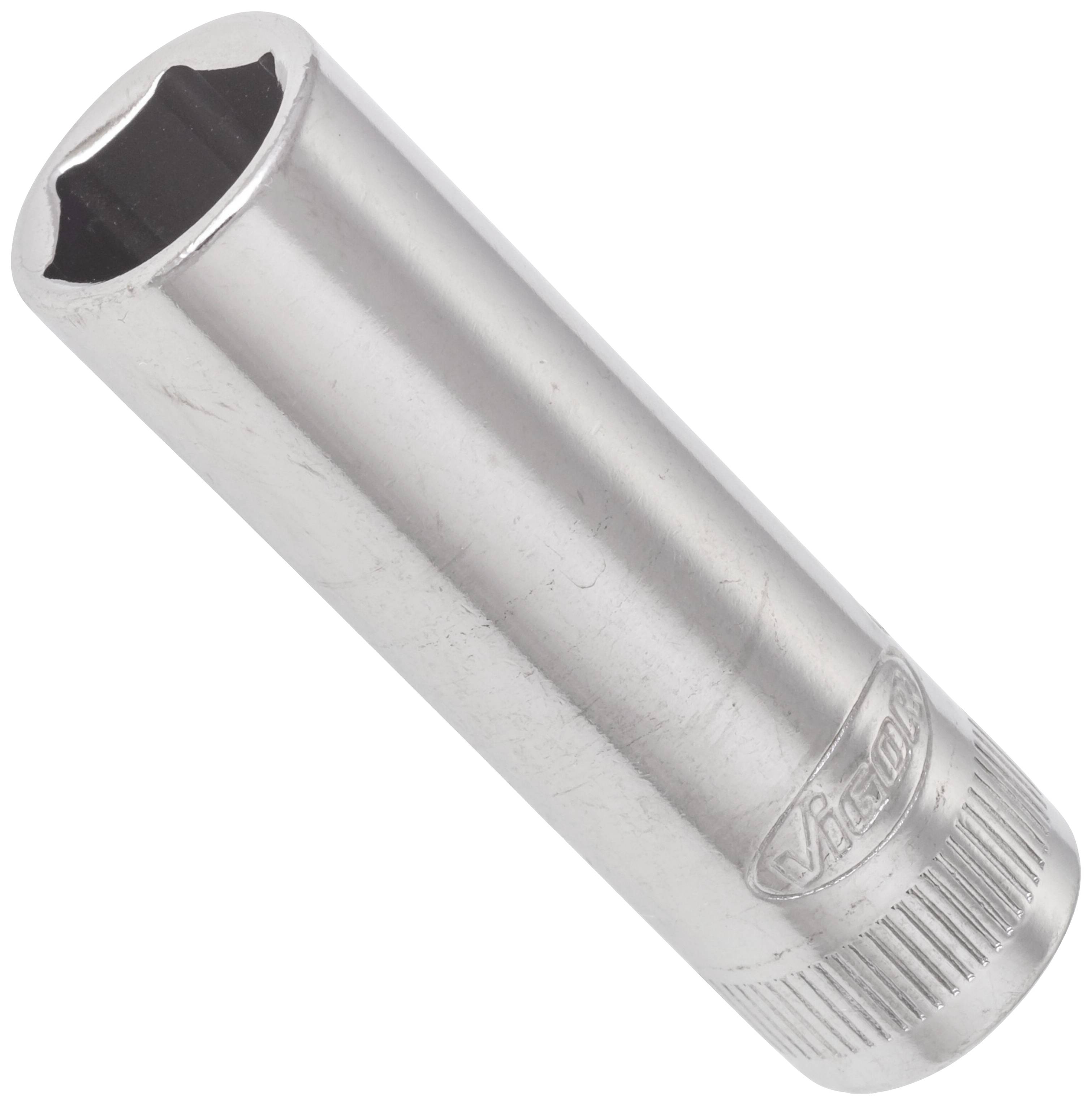 Stříbrný nástavec na imbusový klíč s šestihranným otvorem a vroubkovanou rukojetí, na které je napsáno 'Vision'.