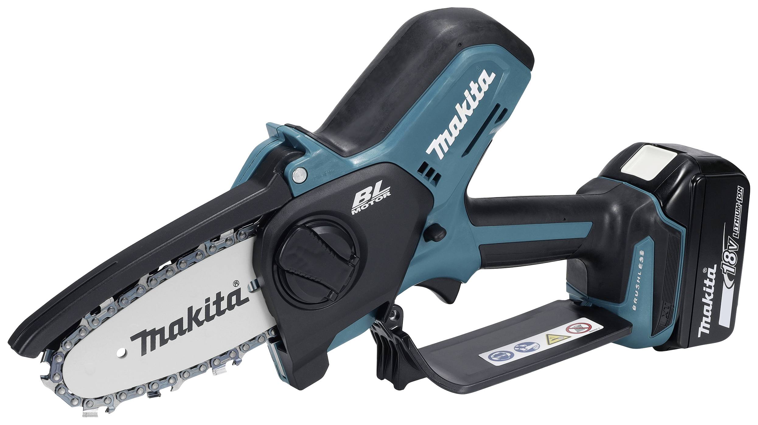 Kompaktní, bezdrátová řetězová pila od Makity s 18V akumulátorem a ergonomickým designem, vhodná pro lehké zahradní práce a řezání dřeva.