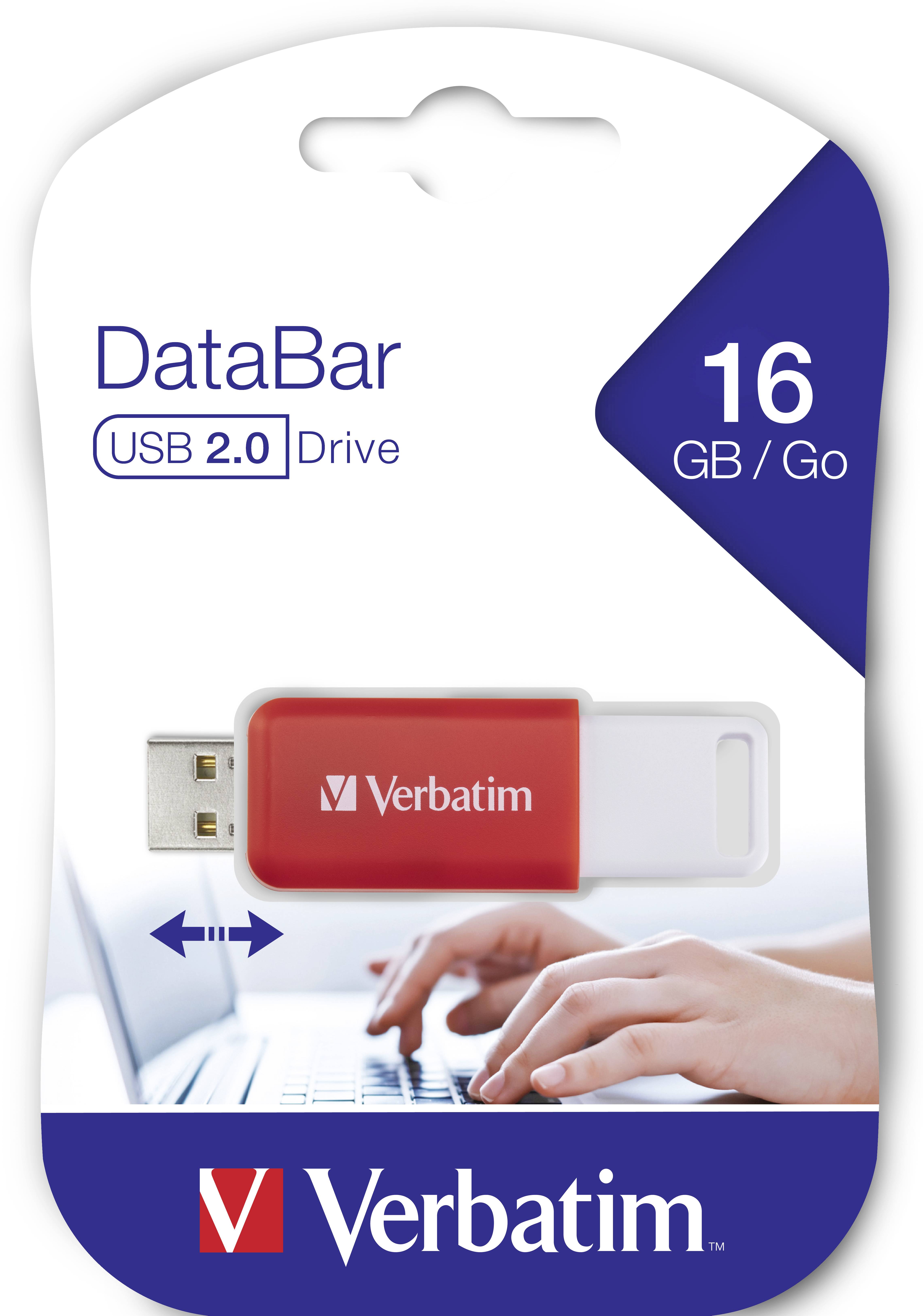 16GB USB flash disk od Verbatimu, přenosová rychlost USB 2.0, červený design. Obal zobrazuje USB flash disk a ruce na klávesnici.