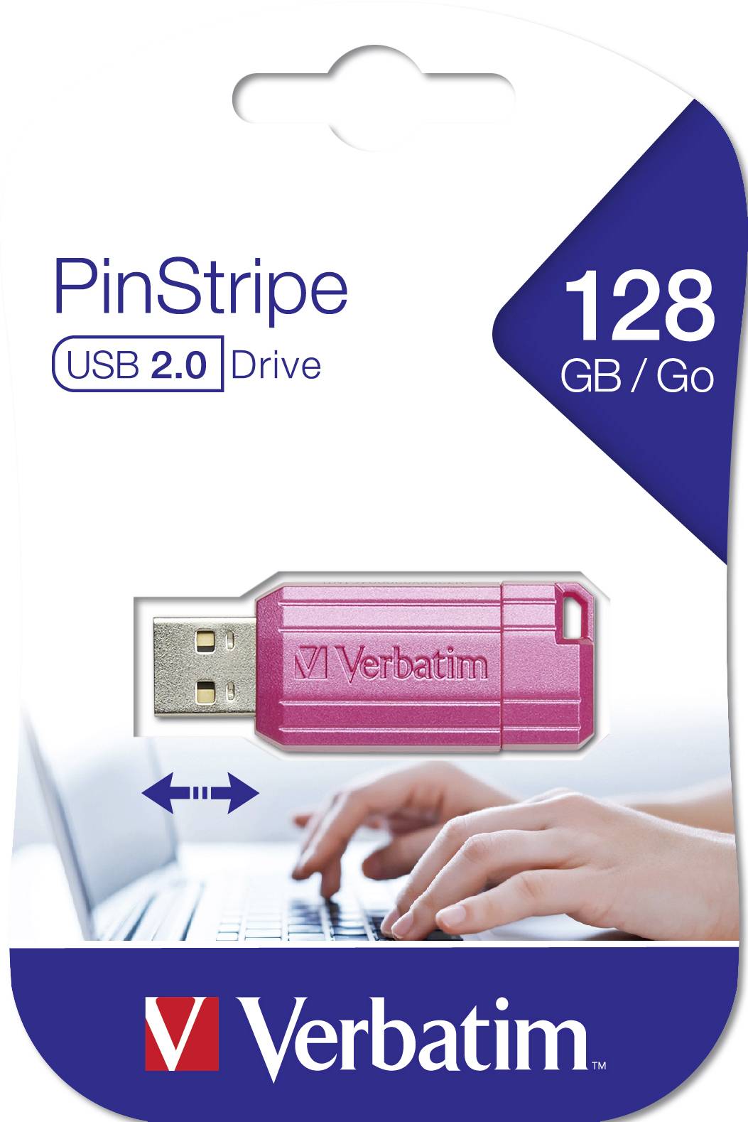 USB flash disk Verbatim PinStripe o kapacitě 128 GB v růžové barvě. USB 2.0. Obal zobrazuje obrázek flash disku a firemní logo.