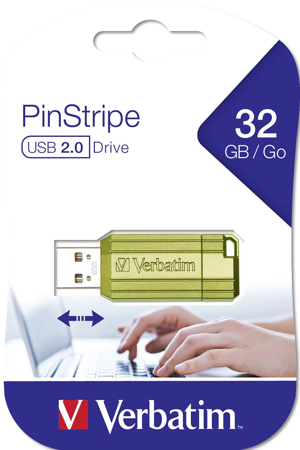'Verbatim PinStripe' USB 2.0 disk, 32 GB. Na obrázku je zelený USB flash disk před píšící osobou na klávesnici.