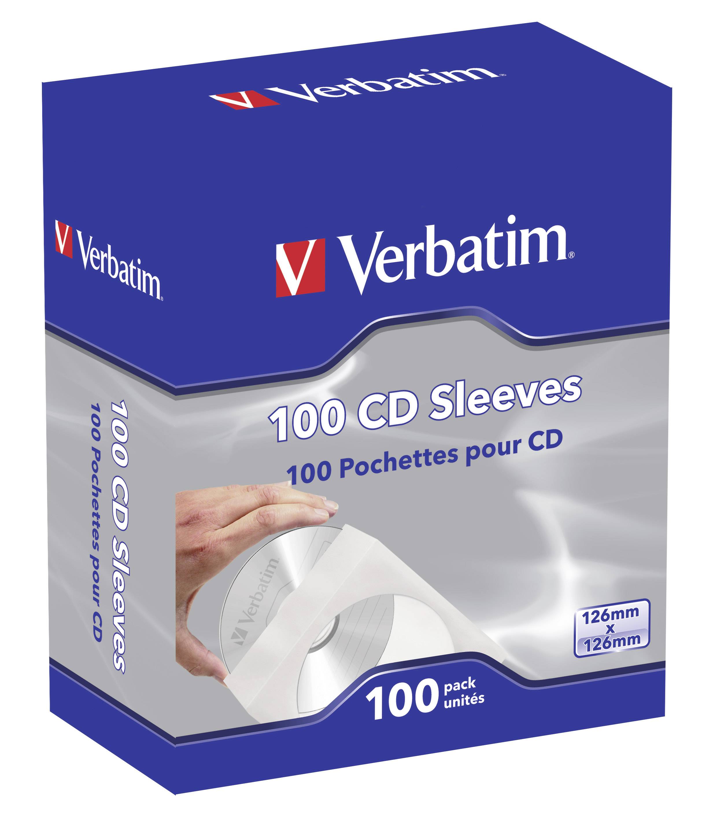 Obal krabice na obaly CD od společnosti Verbatim. Obsahuje 100 papírových obalů na CD s průhledným okénkem. Rozměry: 126 mm x 126 mm.