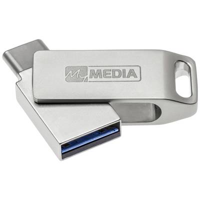 Stříbrný USB flash disk s logem 'MEDIA', kombinující USB-A a USB-C porty pro všestranné možnosti připojení.