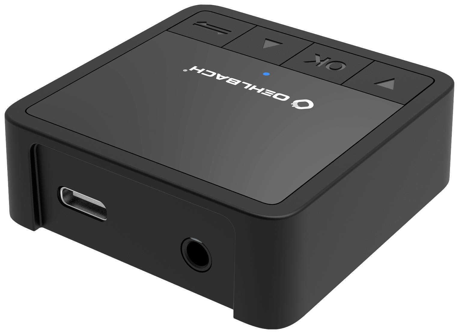 Černé elektronické zařízení obdélníkového tvaru s USB portem a několika tlačítky na horní straně, včetně tlačítka 'OK' a šipkových kláves.