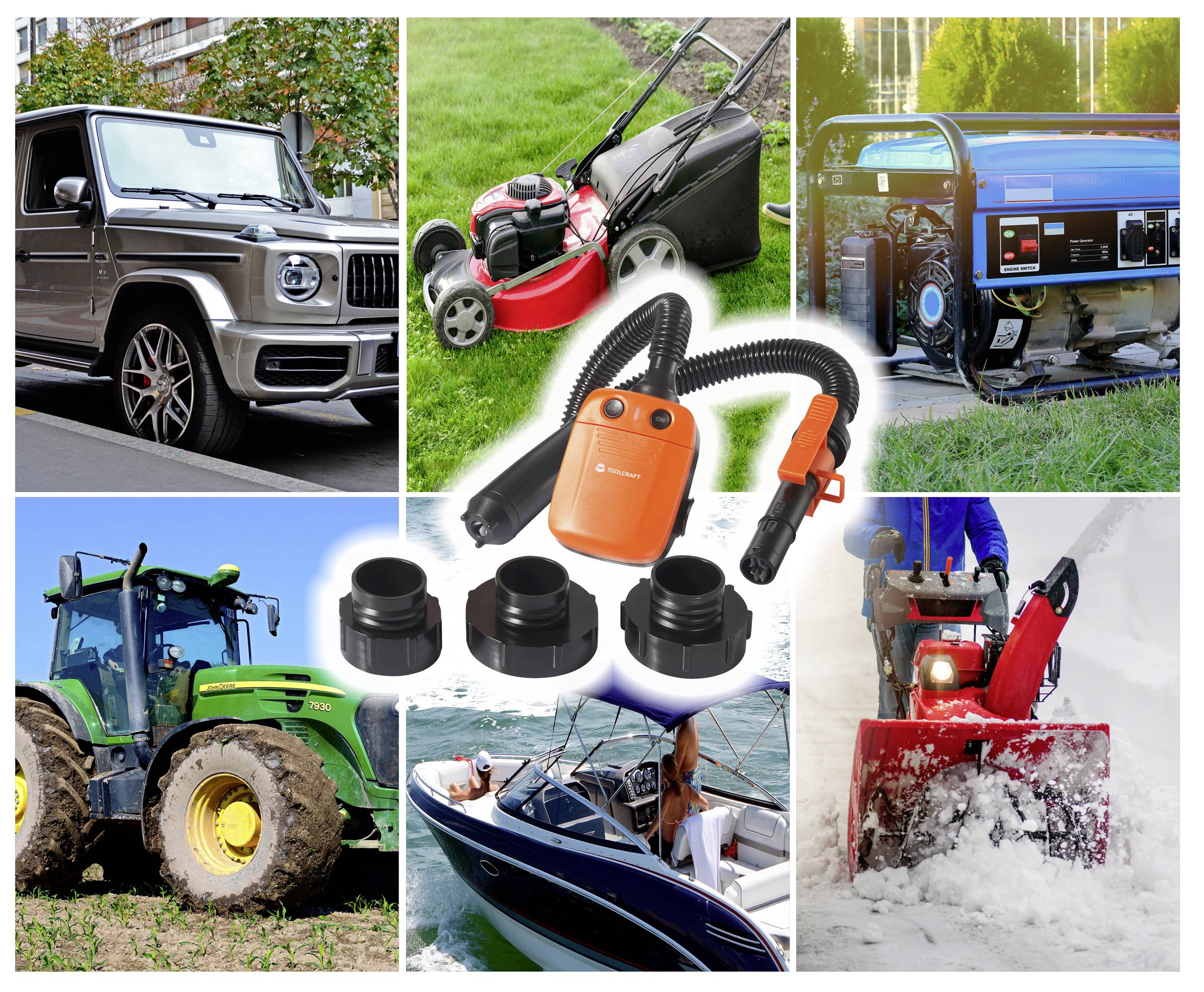 Mozaika obrázků ukazuje různé stroje v akci: SUV, sekačku, generátor, traktor, člun, sněhovou frézu a vysavač.