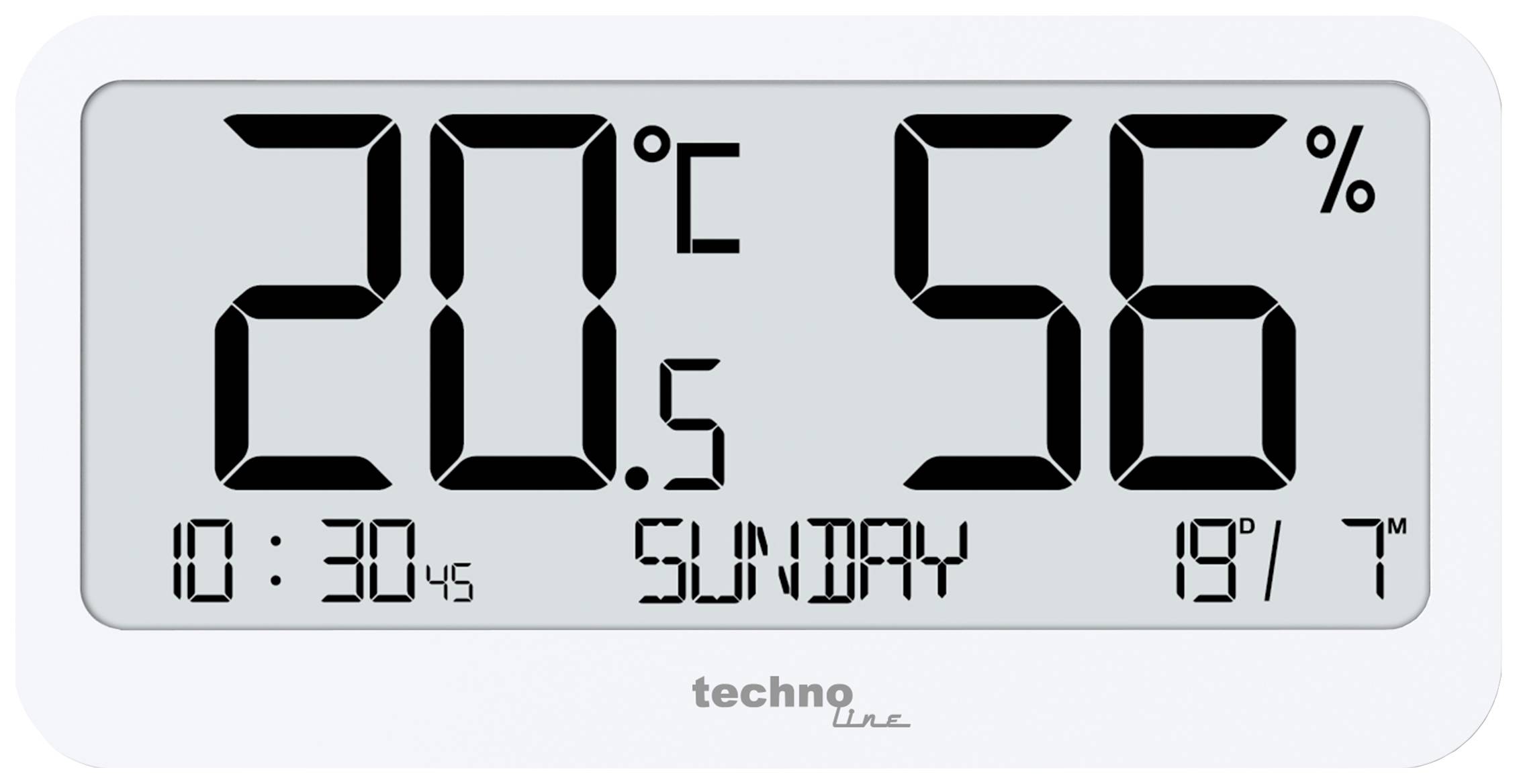Digitální teploměr a vlhkoměr ukazuje 20,5°C a 56% relativní vlhkosti. Je neděle, 10:30. Teplota má stoupající tendenci.