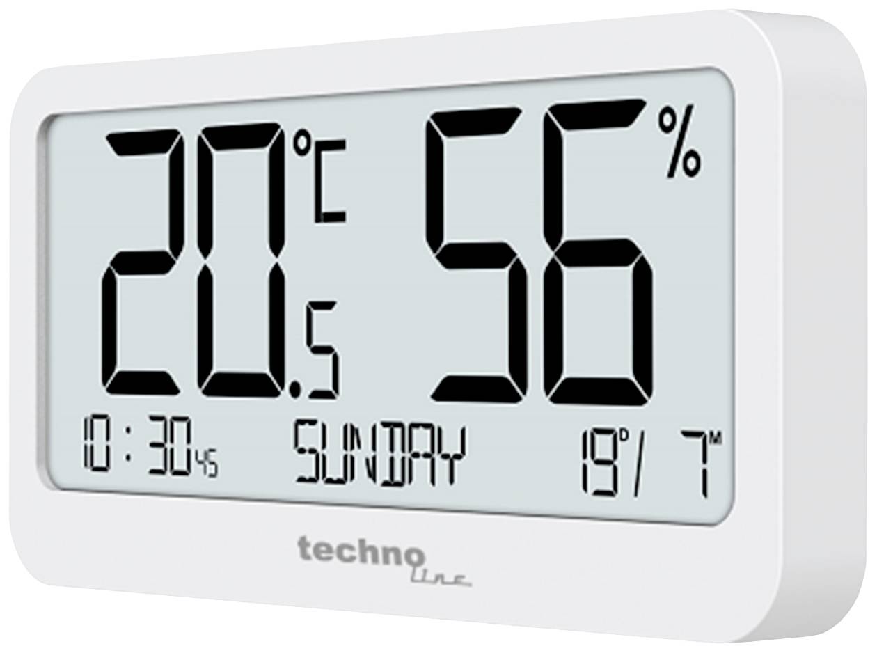 Digitální hodiny s teplotním displejem '20°C', vlhkost vzduchu '56%', čas '10:30', datum 'Neděle', a Min/Max '19/7'.