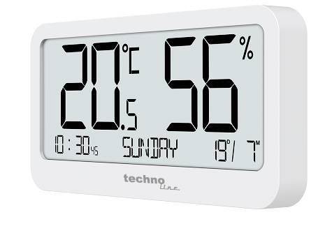 Digitální meteostanice ukazuje 20,5°C, 56% vlhkosti, 10:30, neděle a 19/7.