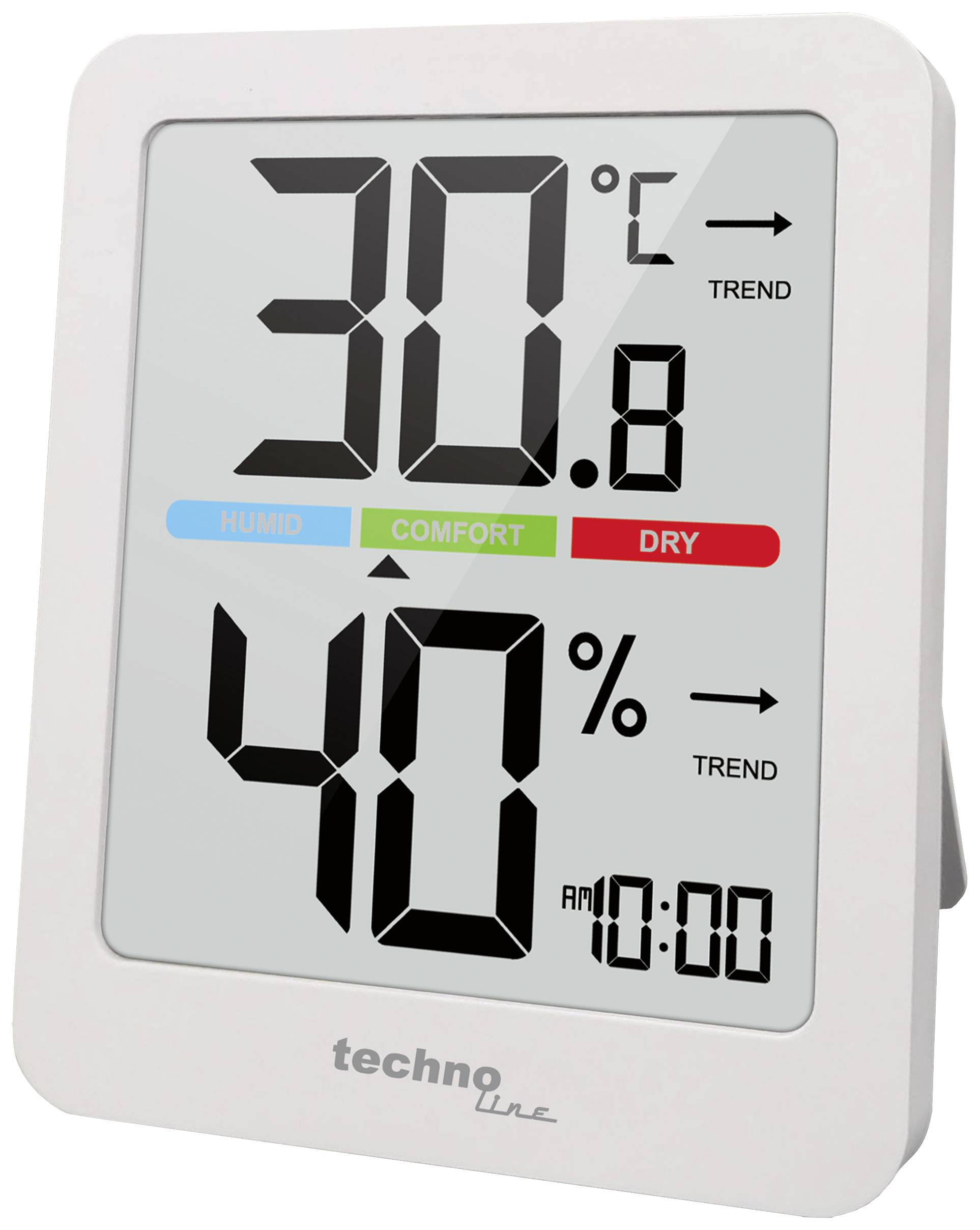 Digitální teploměr ukazuje 30,8°C, vlhkost vzduchu je 40 %, indikativně označeno jako 'komfortní'. Je 10:00 hodin.