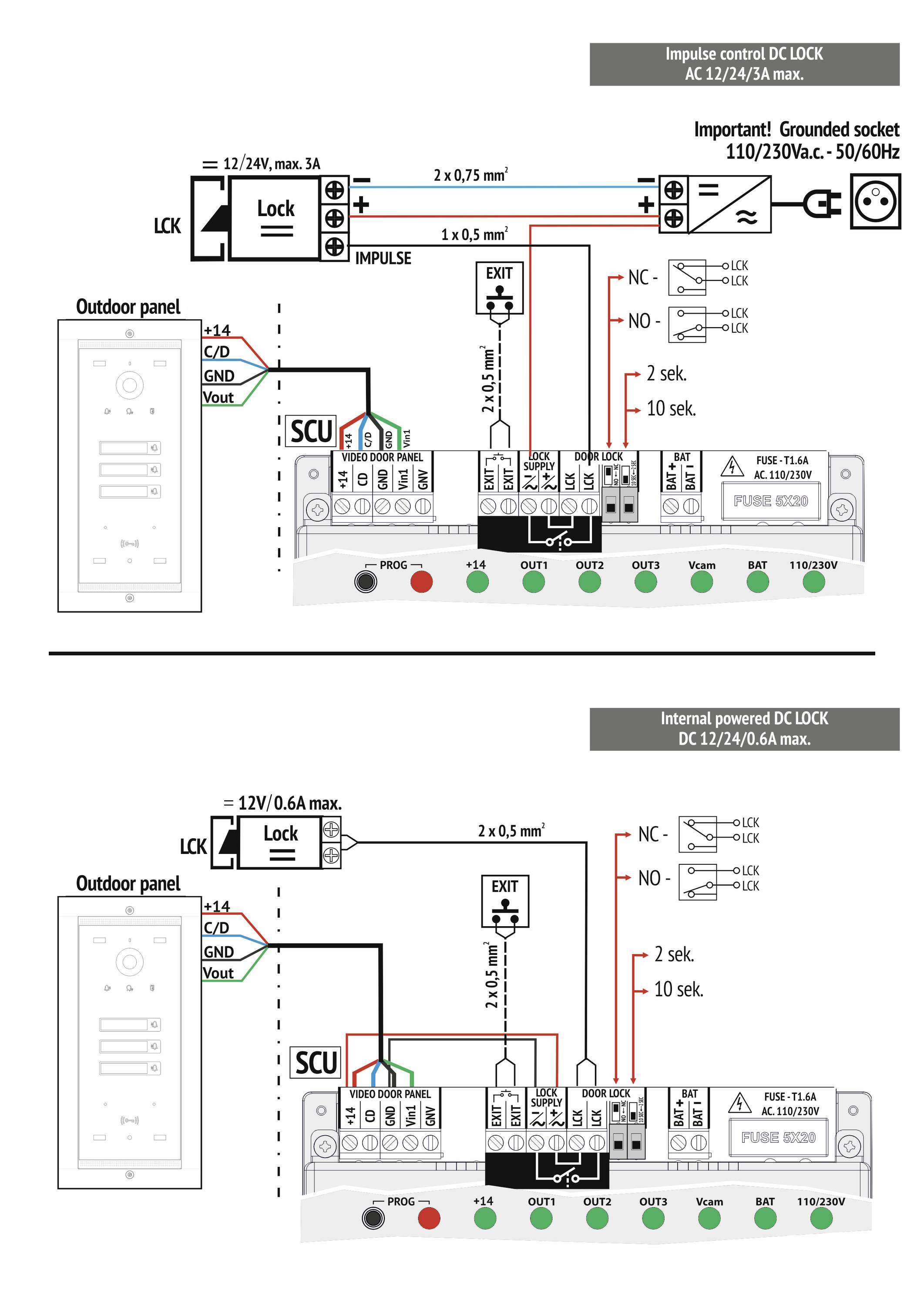 Dva elektrické schémata: Nahoře systém napájený střídavým proudem, dole systém napájený stejnosměrným proudem pro elektrický zámek dveří. Obě schémata obsahují připojení a zapojení.