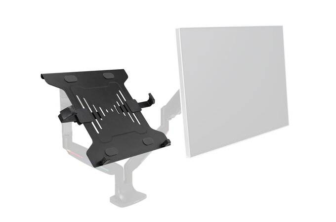Držák tabletu s nastavitelnými svorkami je zobrazen vedle monitoru. Slouží k ergonomické integraci do pracovních prostor.