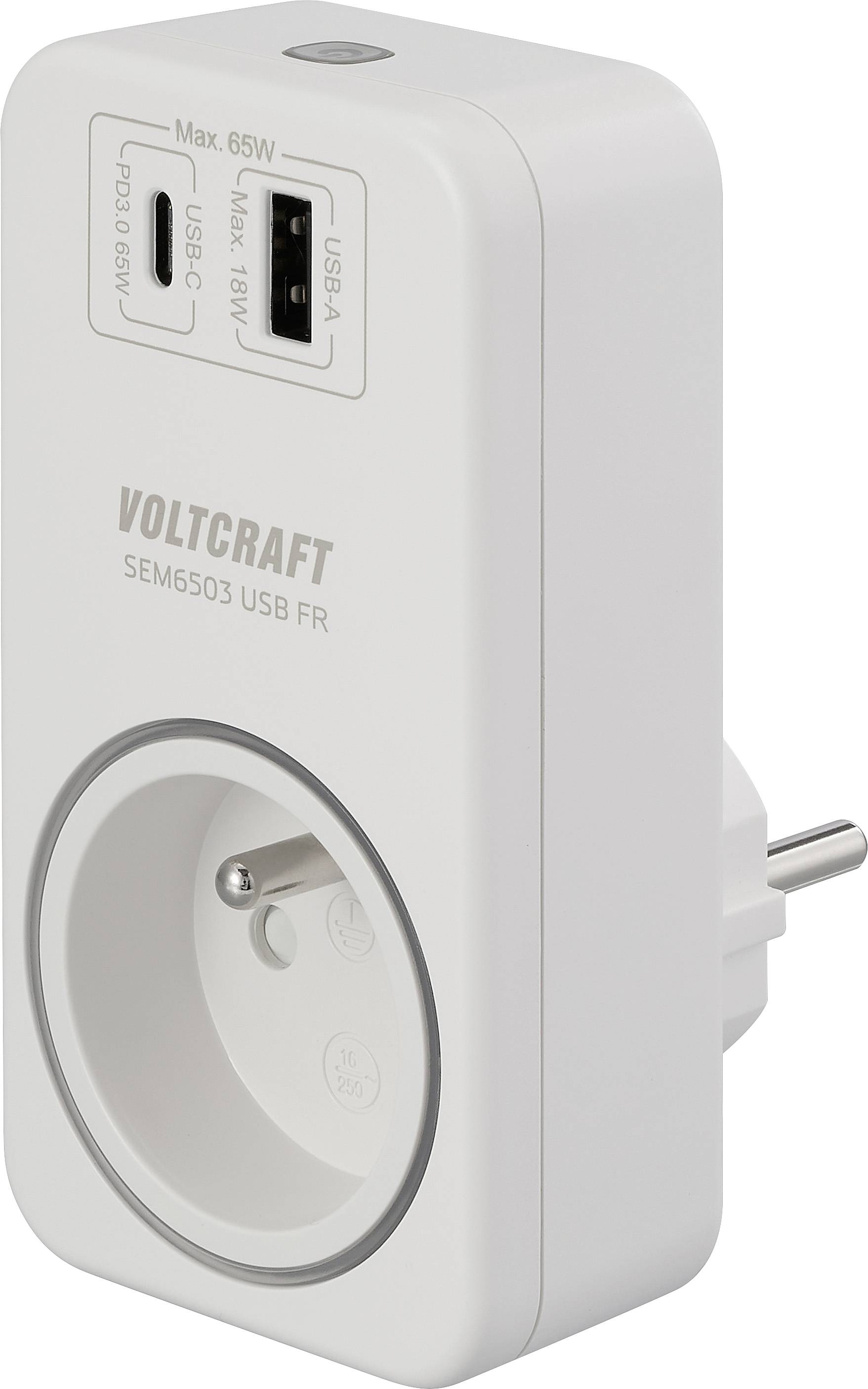 Bílý zásuvný wattmetr Voltcraft s porty USB-C a USB-A, označený "Max. 65W" a "USB-C 18W", určený pro monitorování elektřiny.