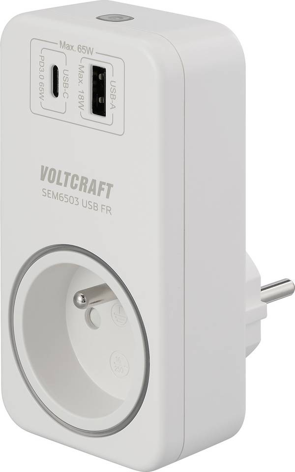 VOLTCRAFT SEM6503 FR měřič spotřeby el. energie s USB, vč. rádiově řízené zásuvky, možnost exportu dat, s funkcí dataloggeru, s odhadem budoucích nákladů , TRMS, nastavitelná cena elektřiny, ovládání přes mobilní aplikaci, s připojením k internetu, měření přes USB (nabíjecí výkon)