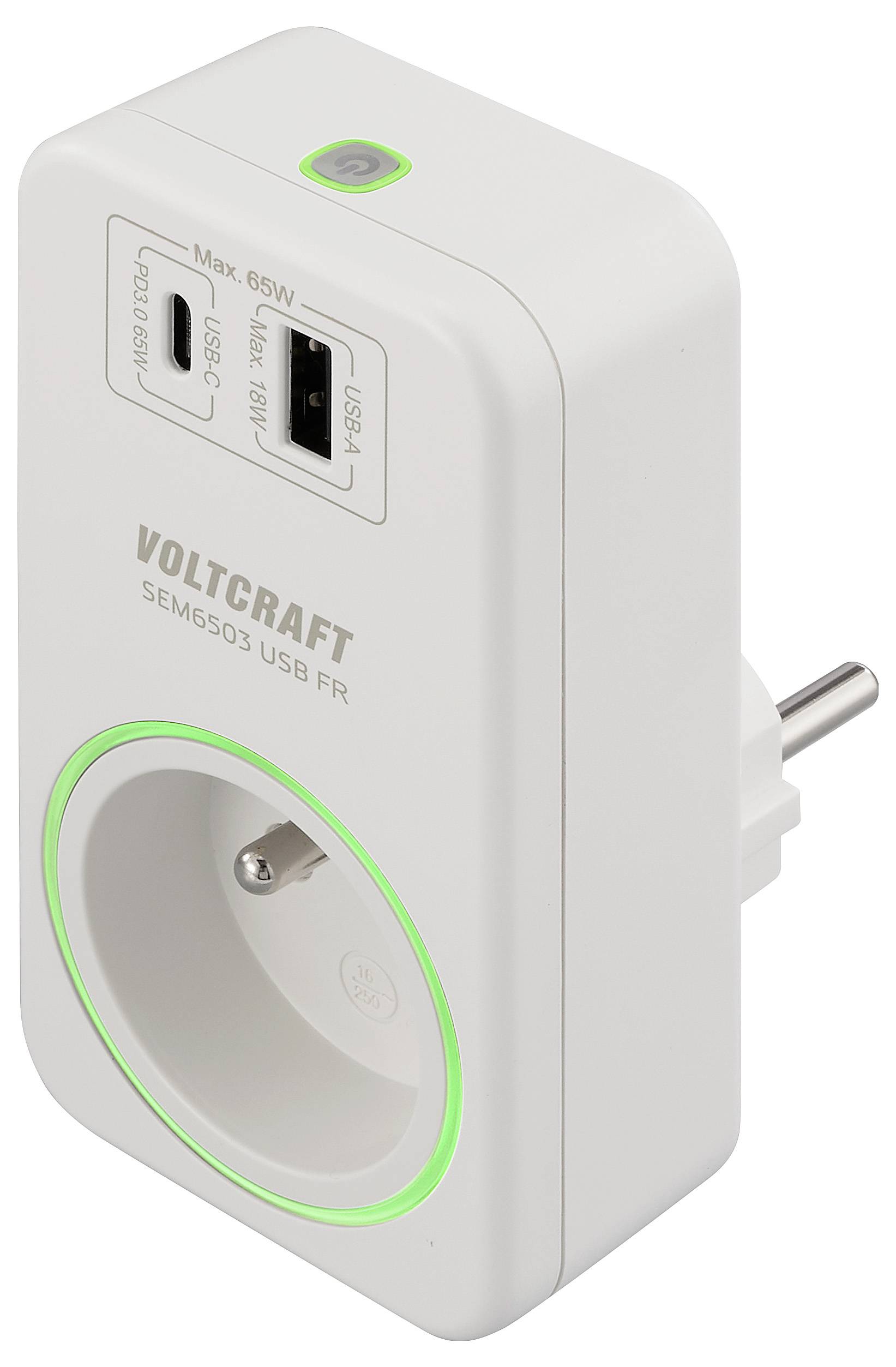 Bílá nabíječka Voltcraft SEM6503 s USB portem, evropskou zásuvkou, s portem USB Type-C a portem USB Type-A, max výkon 65W.