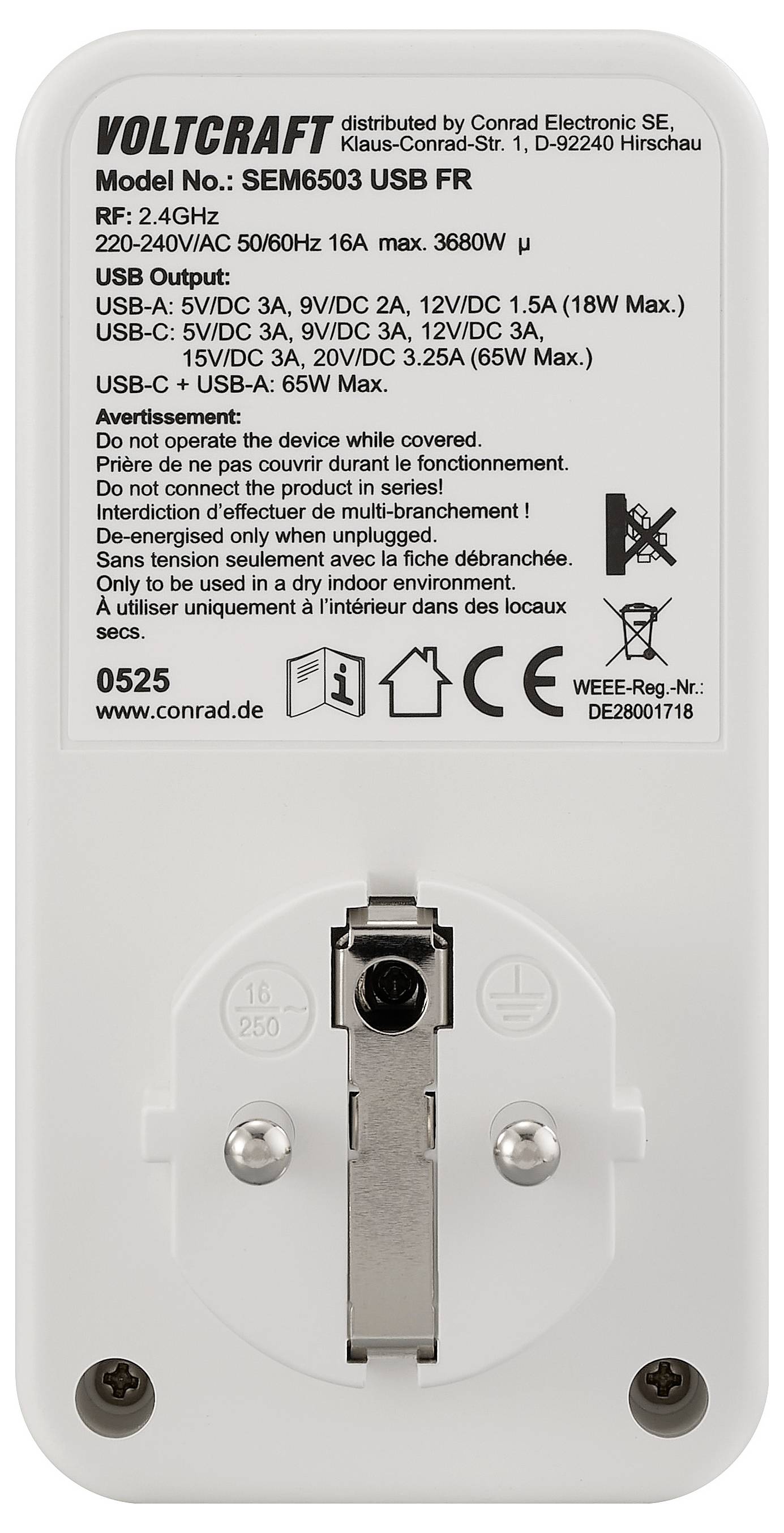 'VOLTCRAFT SEM6503 USB FR měřič energie, zobrazující model a specifikace. Mezi funkce patří výstupy USB a hodnocení energetické spotřeby.'
