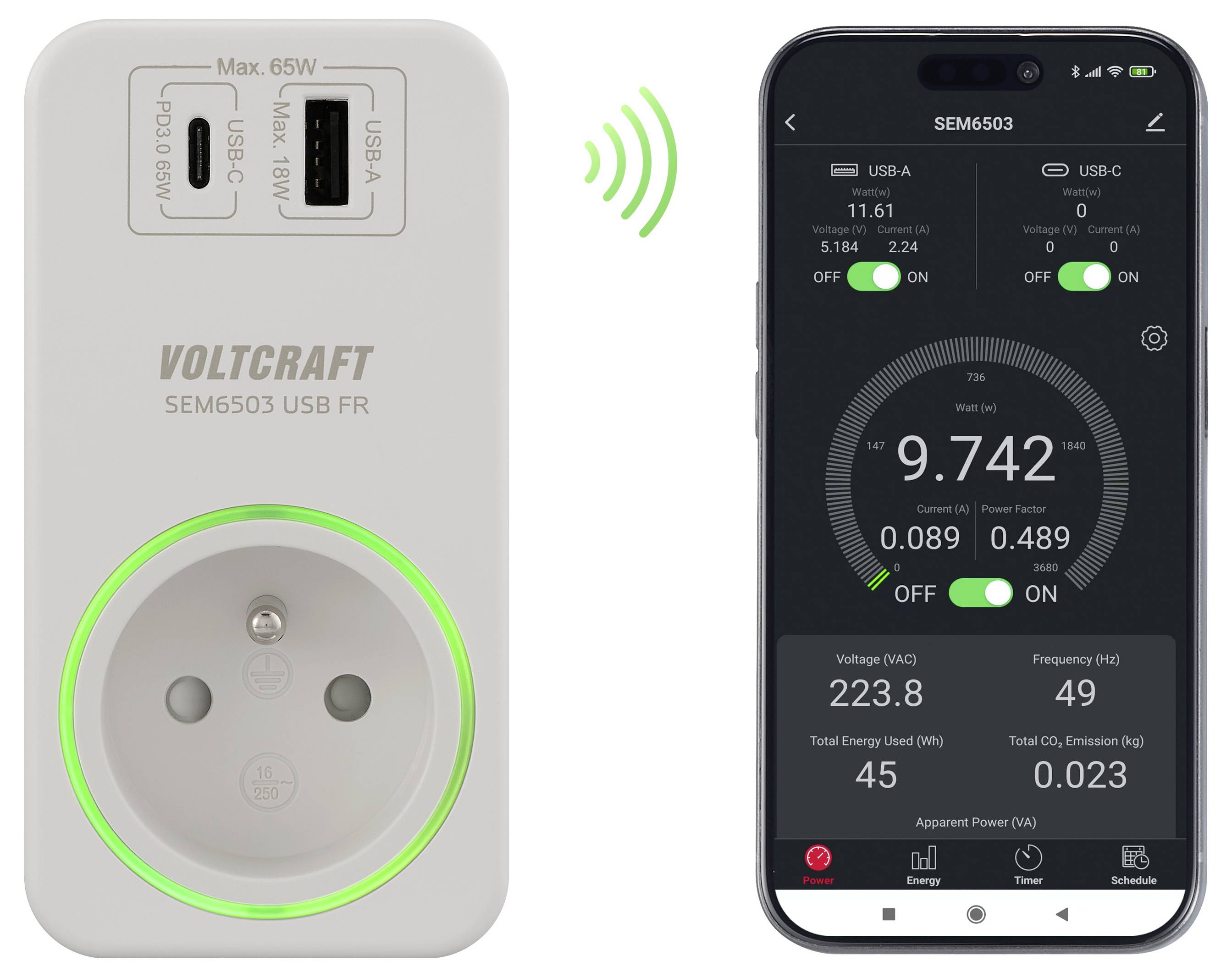 Chytrá zásuvka a aplikace na chytrý telefon zobrazují údaje o spotřebě energie. Zásuvka indikuje připojení, zatímco aplikace ukazuje statistiky napětí a výkonu v reálném čase.