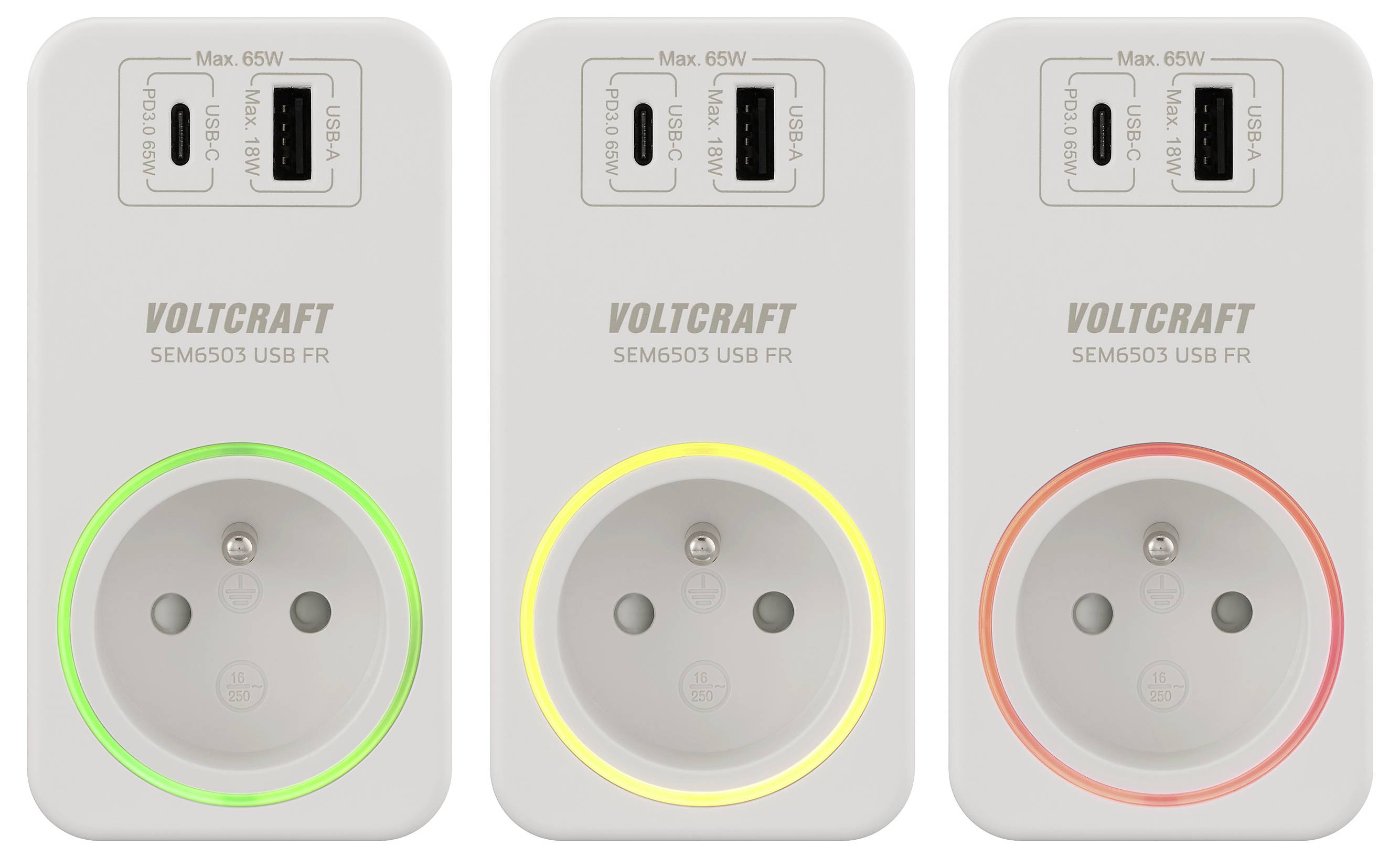 Tři měřiče výkonu Voltcraft s porty USB, z nichž každý zobrazuje různobarevný indikátor LED: zelený, žlutý a červený.