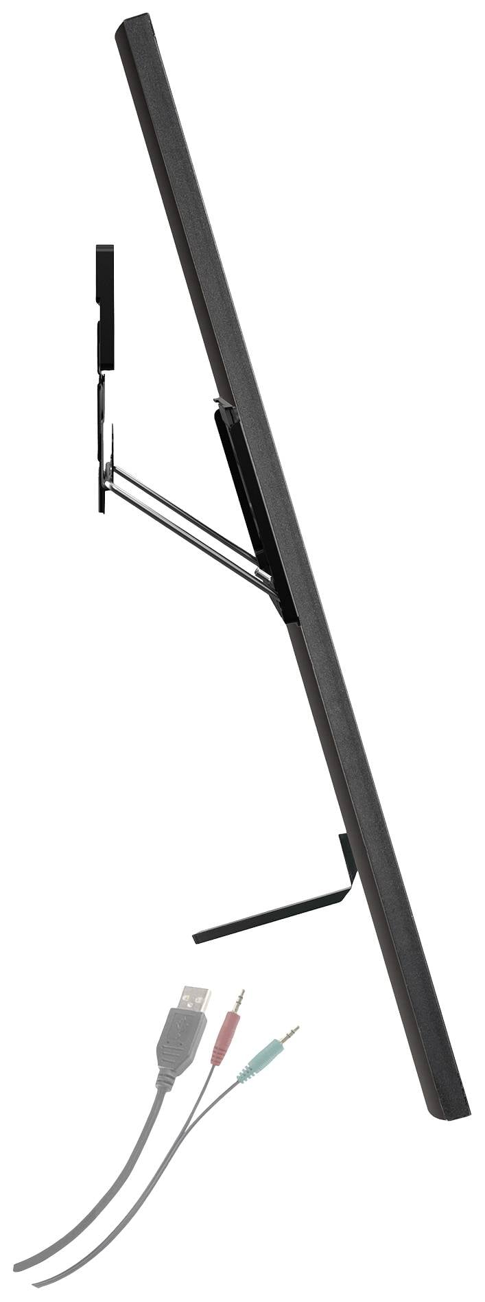 Štíhlý monitor zobrazený z boku s dvěma barevnými připojovacími kabely pod ním, které se pravděpodobně hodí pro USB a audio připojení.