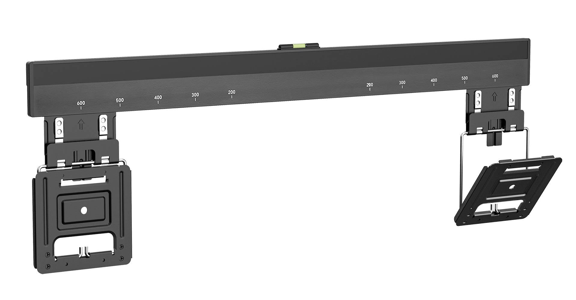 Černé lineární měřicí zařízení se stupnicí od 0 do 800 mm, se dvěma nastavitelnými úchyty na koncích, pravděpodobně určené pro montážní účely.