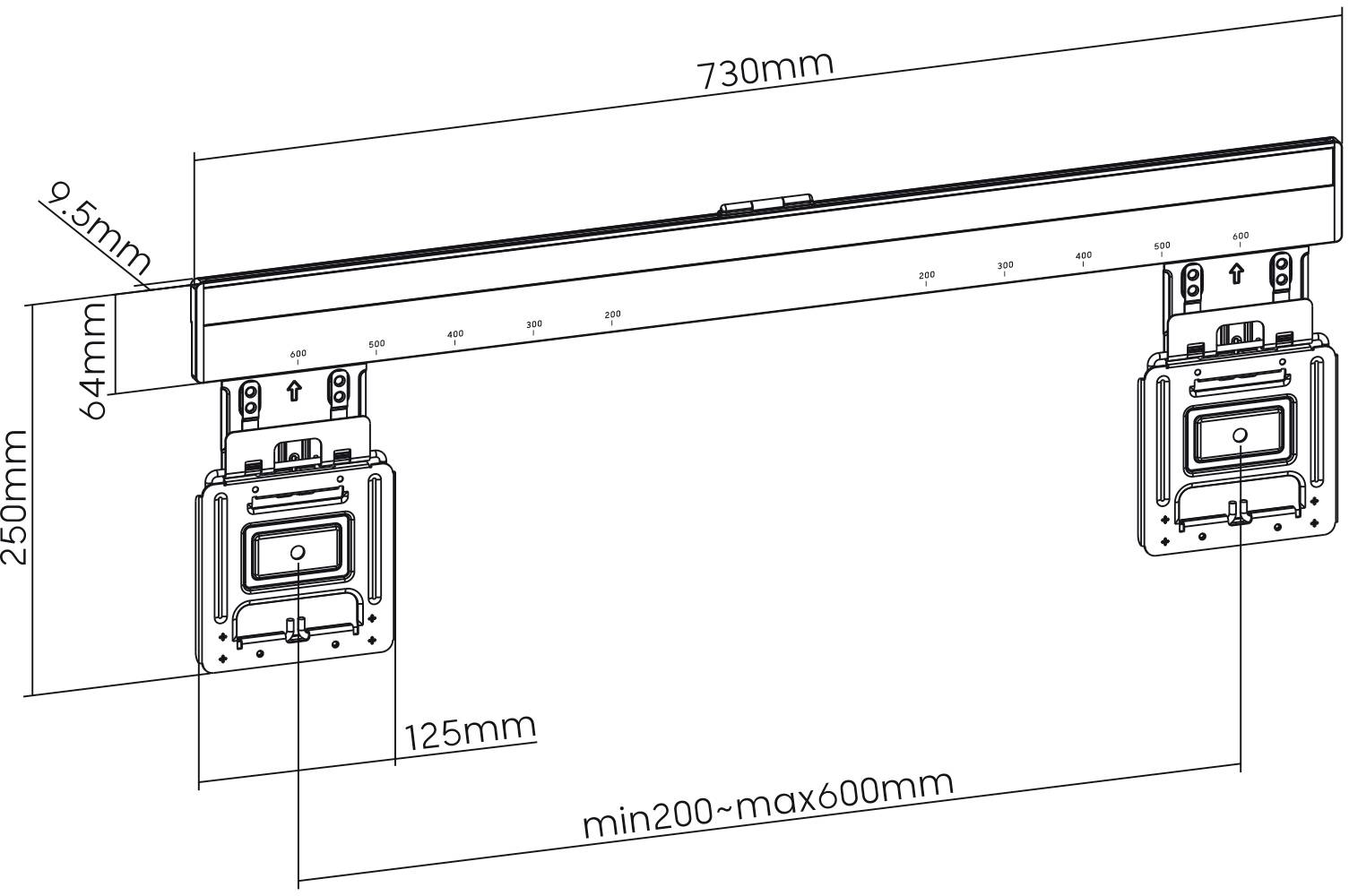Technický výkres držáku s rozměry: šířka 730 mm, výška 250 mm, hloubka 125 mm. Nastavitelný v rozmezí 200-600 mm.
