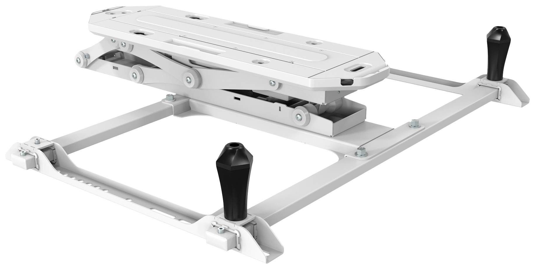 Bílý nastavitelný kovový rám s dvěma černými úchyty, který slouží jako podpůrná struktura, podobně jako zvedací mechanismus.
