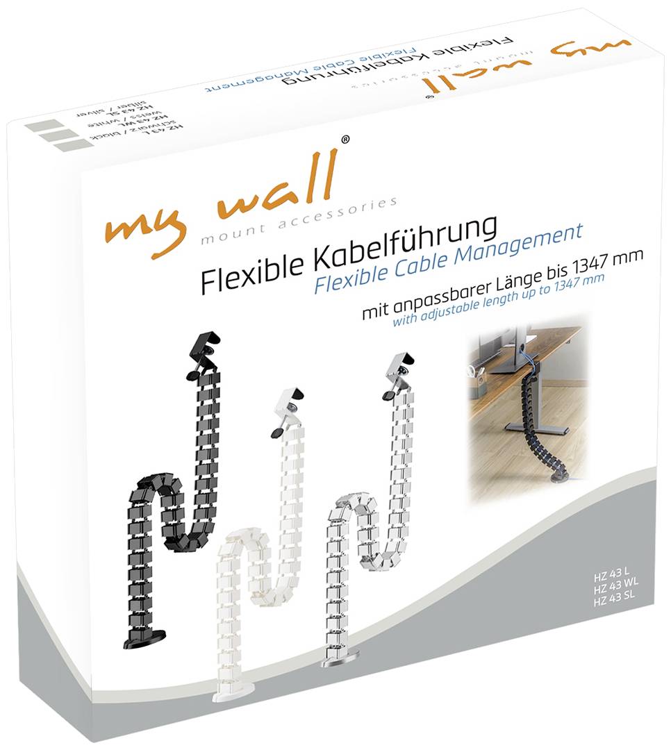 Flexibilní systém pro správu kabelů. Zobrazuje dvě flexibilní kabelové vedení v černé a bílé barvě, s možností úpravy délky až do 1347 mm.