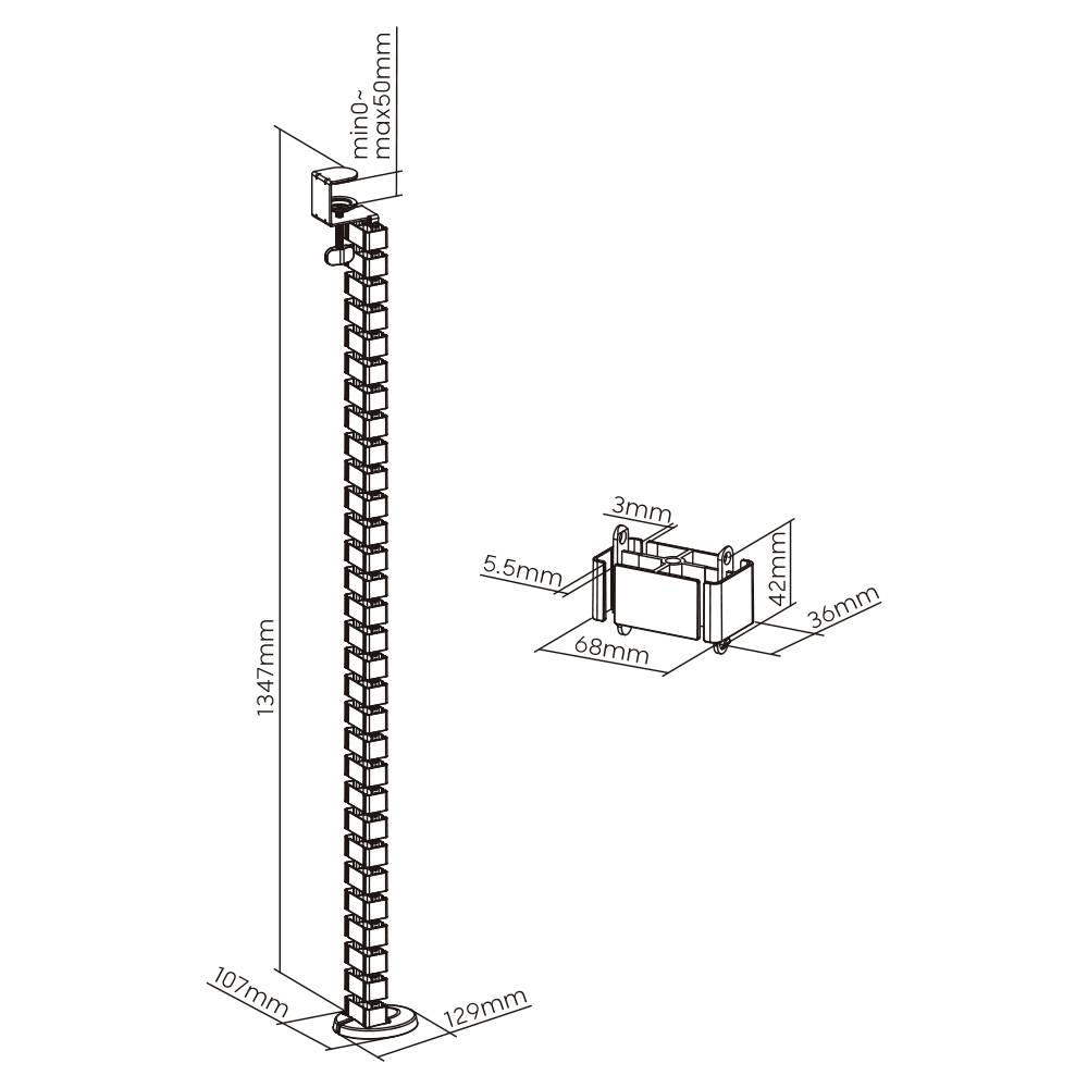 Technický diagram zobrazuje vertikální kabelový žebřík s rozměry: výška 1347 mm, šířka 107 mm, hloubka 129 mm; levý přípoj 68x42 mm.