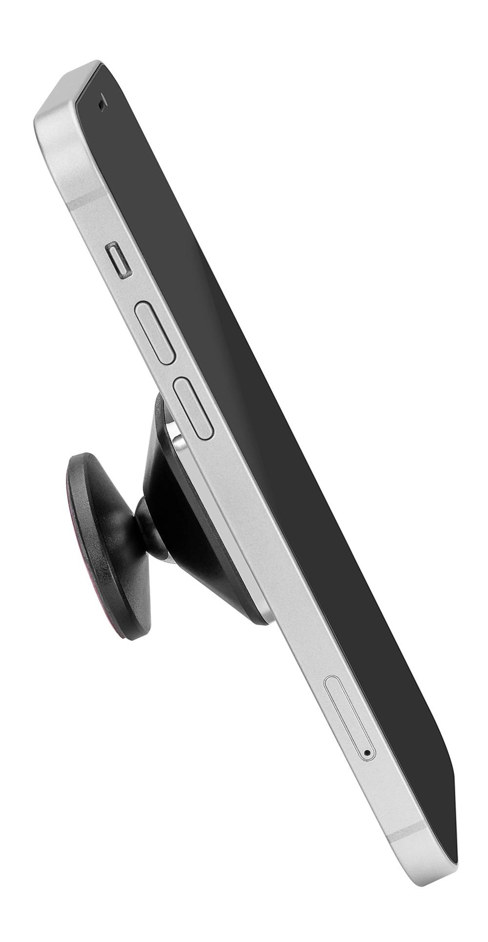 Smartphone umístěné na bočním držáku v podobě kulatého magnetického autoholderu. Držák zajišťuje stabilní použití bez nutnosti držení telefonu.