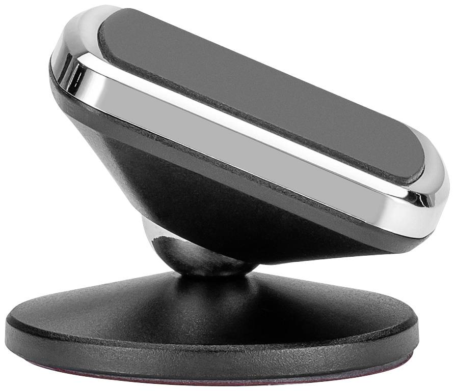 Magnetický držák na mobilní telefon s otočnou hlavou, černé tělo se stříbrnými akcenty, vhodný pro montáž na palubní desku automobilu.