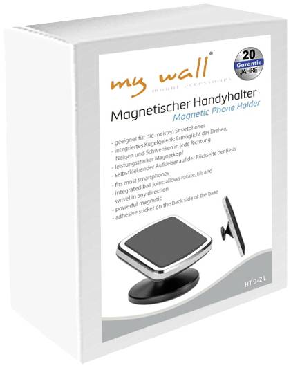 Obal na "Magnetický držák na mobil" ukazuje smartphone držák s magnetickým upevněním na základně. "20 let záruky" je zvýrazněno.