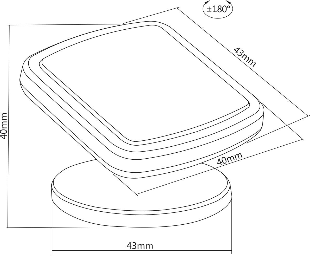 Technický výkres obdélníkového zařízení na kulatém podstavci. Rozměry: zařízení 43x40 mm, podstavec 43 mm. Rozsah otáčení +180°.
