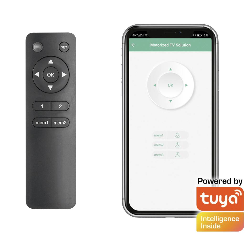 Dálkový ovladač vedle smartphonu s otevřenou aplikací zobrazující motorizované TV řešení. Dole vpravo 'Powered by tuya'.
