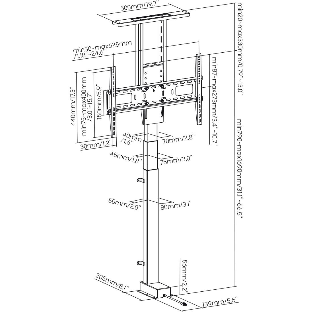 Diagram mechanismu TV stojanu s nastavitelnou výškou, rozměry uvedené v milimetrech.