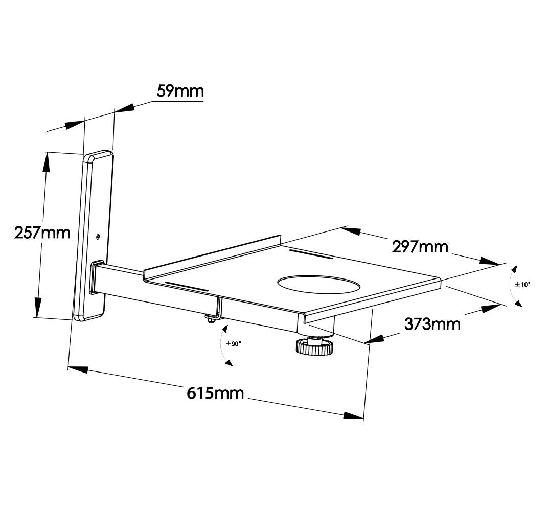 Technický výkres držáku s rozměry: výška 257 mm, šířka 615 mm, nastavitelná plocha 297 mm x 373 mm.